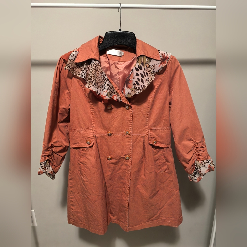 Women's Coral Trench Coat with Animal-Print Trim